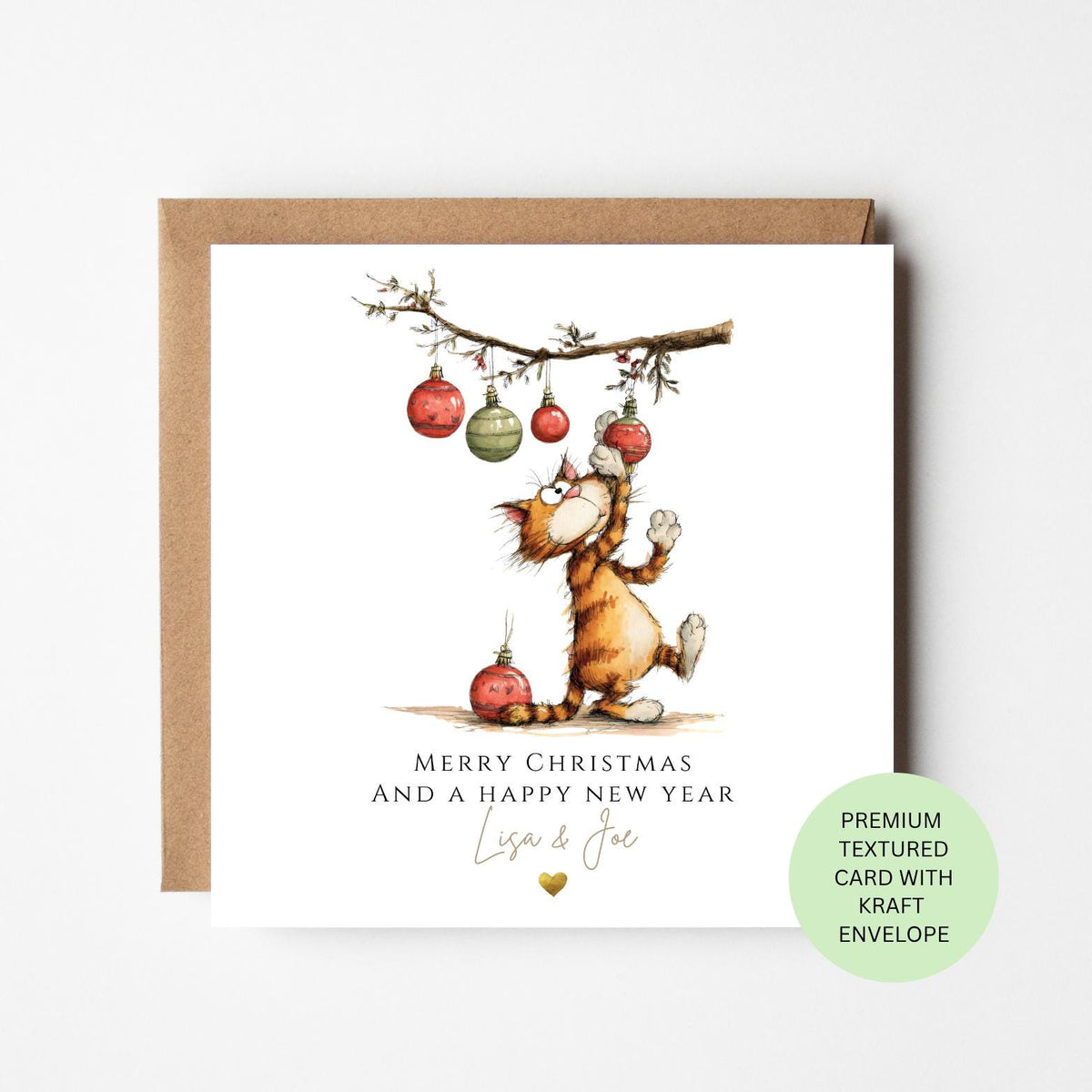 Personalised Ginger Cat Hanging from Christmas Baubles Card