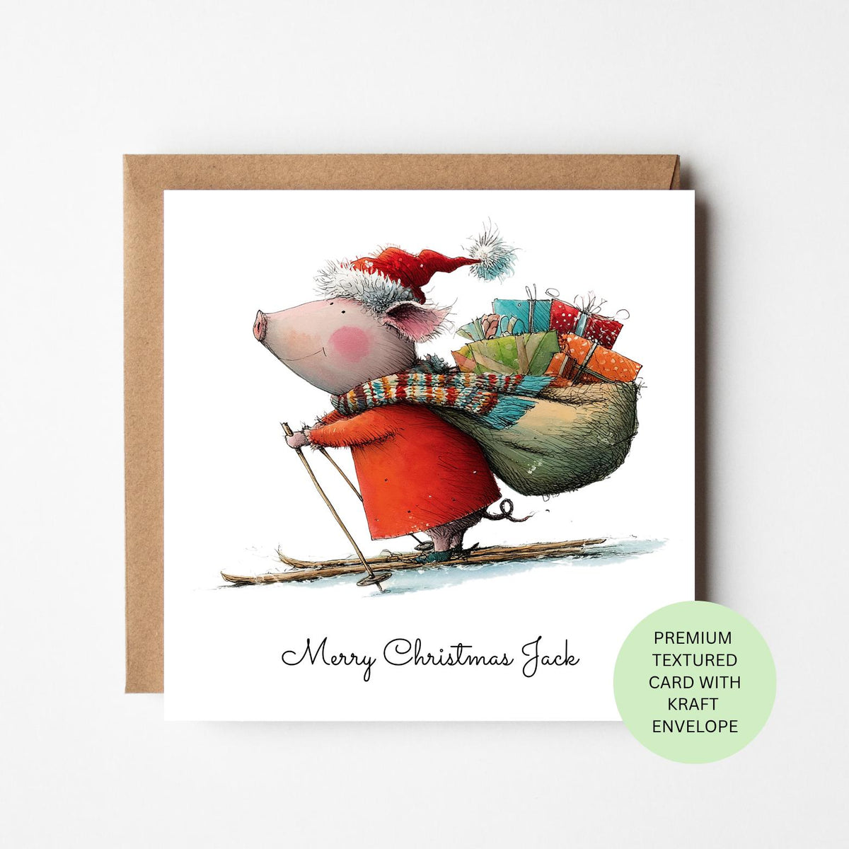 Personalised Skiing Pig Carrying Christmas Presents Card