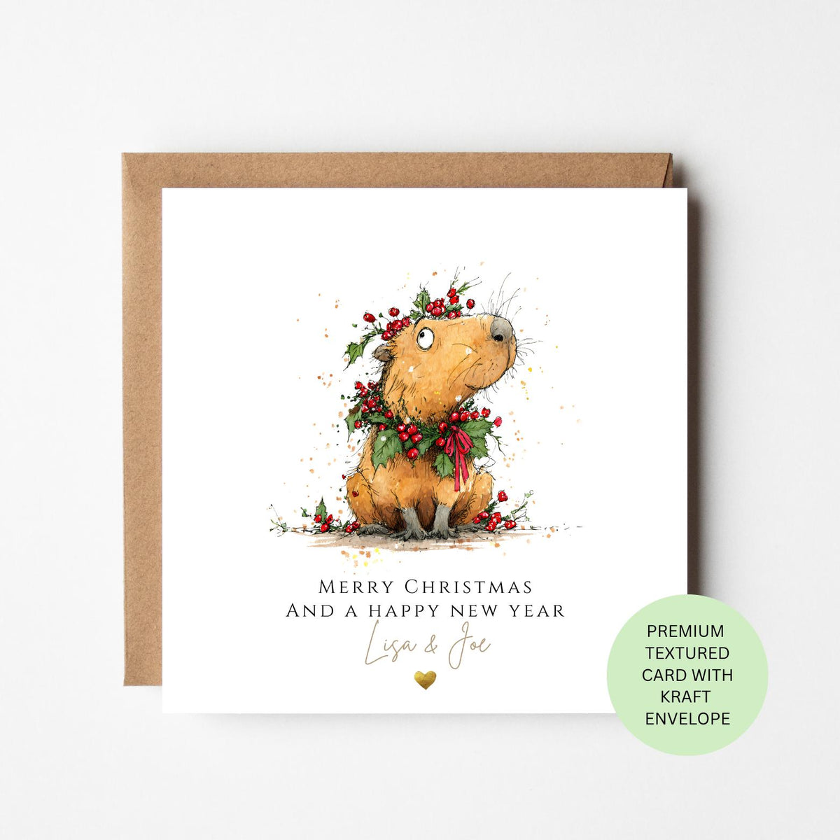 Personalised Capybara Wearing a Christmas Wreath Card
