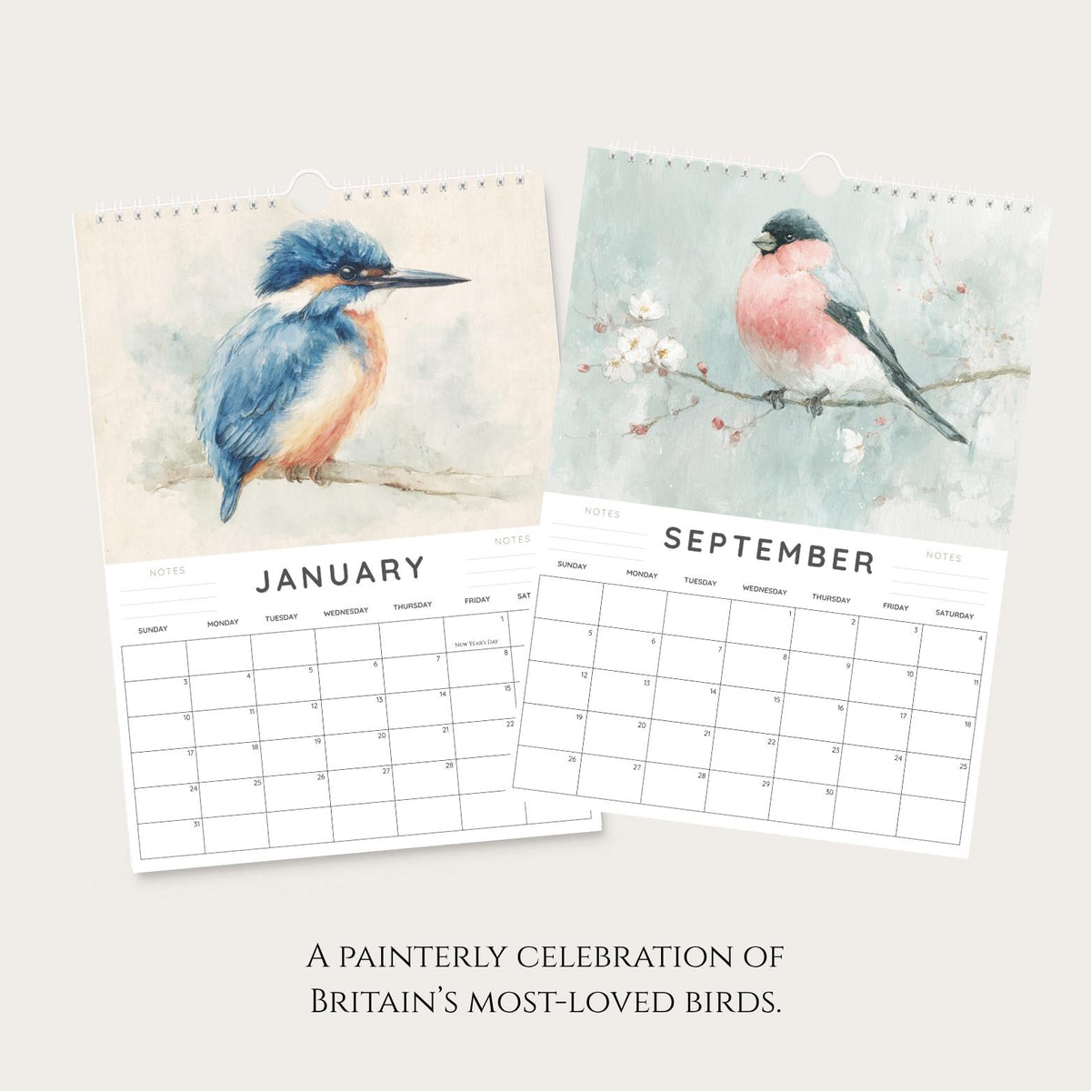 2027 A4 British Birds Wall Calendar, Watercolour Wildlife Art