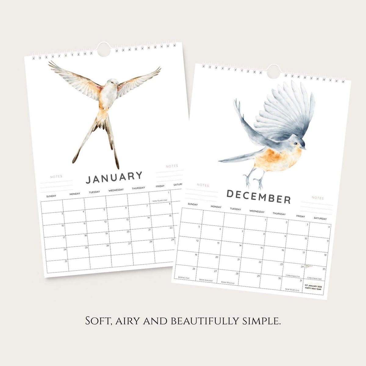 2027 A4 Birds in Flight Wall Calendar, Watercolour Nature Art