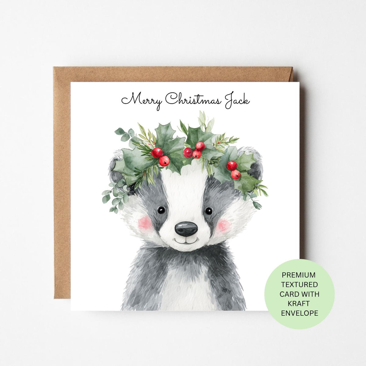 Personalised Badger with a Holly Crown Christmas Card for Children