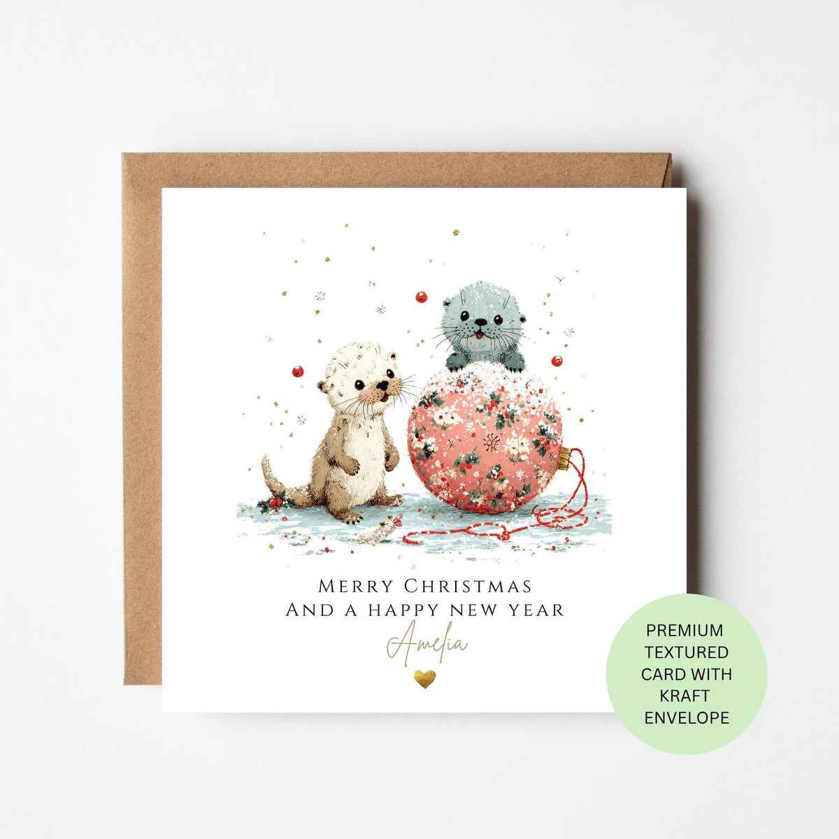 Personalised Rabbit and Birds with a Giant Bauble Christmas Card for Children