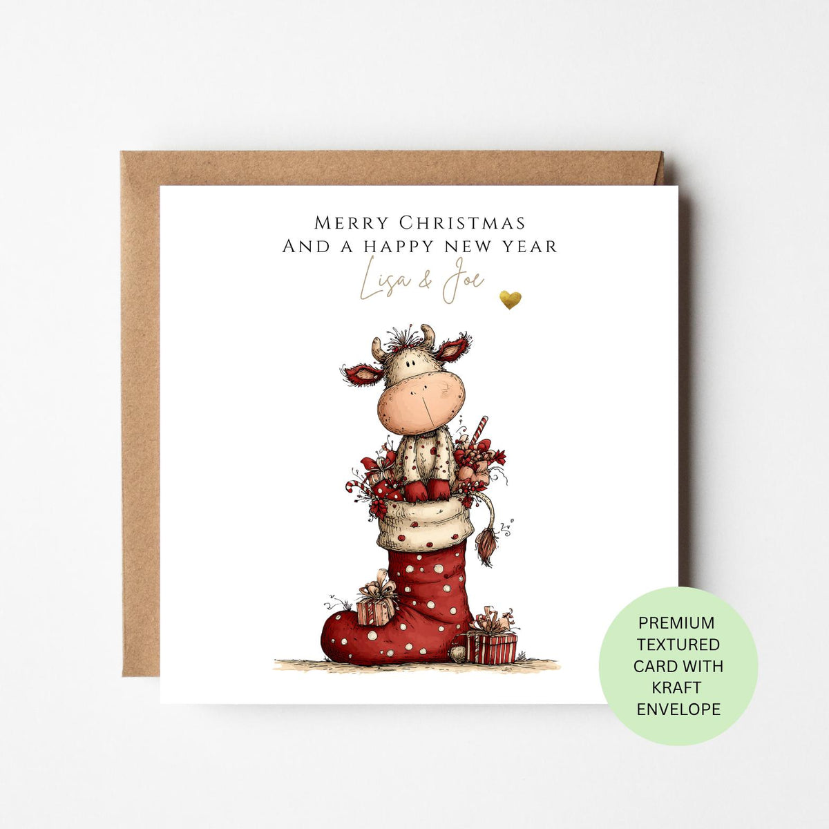 Personalised Reindeer Sitting in a Christmas Stocking Card