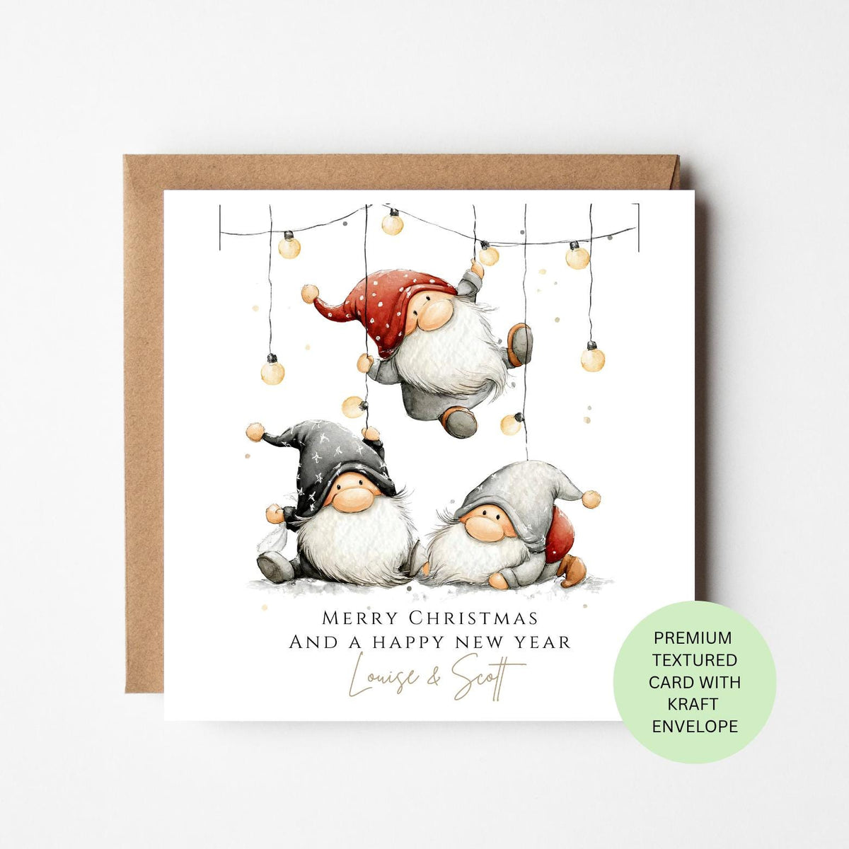 Personalised Christmas Gnomes Under Fairy Lights Card