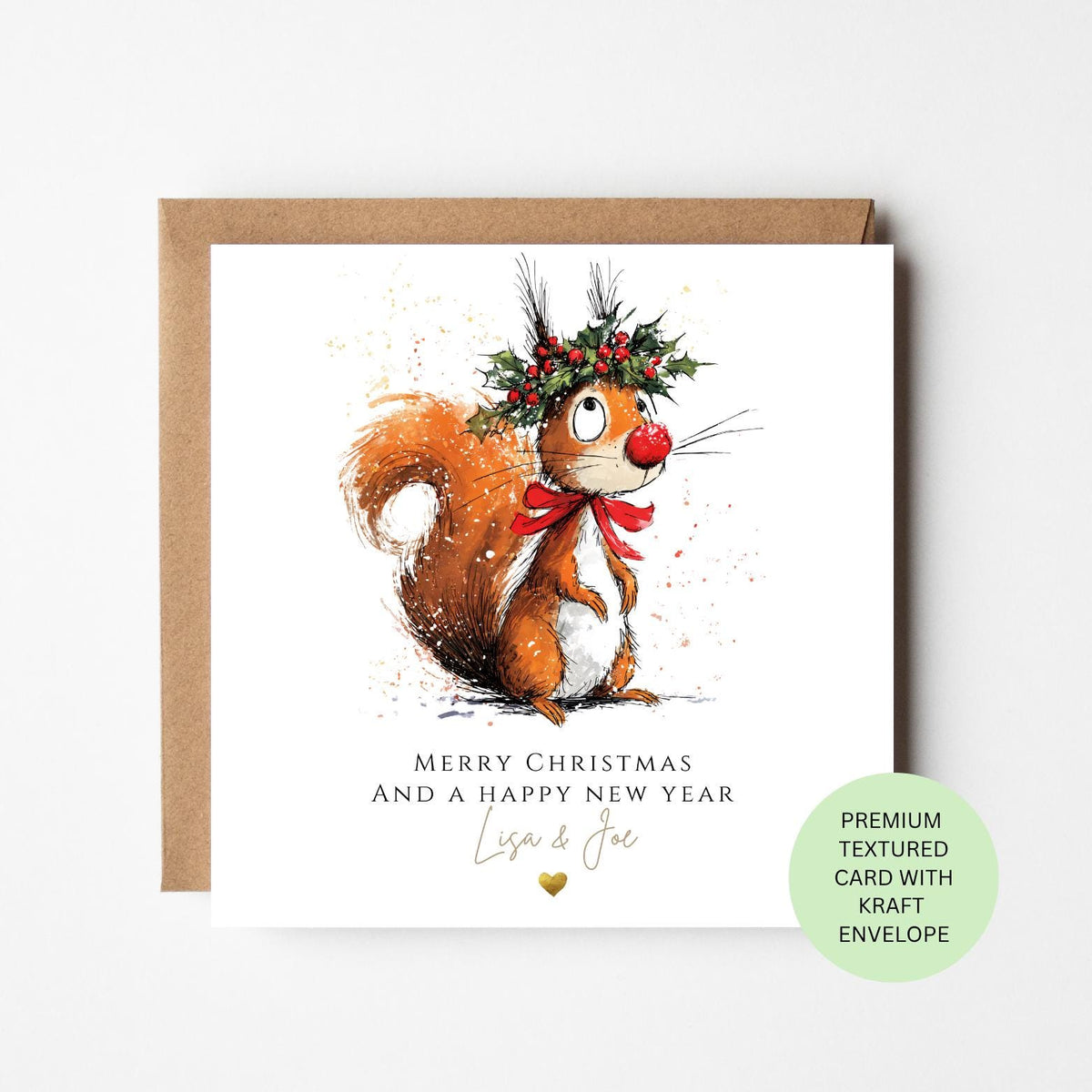 Personalised Red Squirrel with a Holly Crown Christmas Card