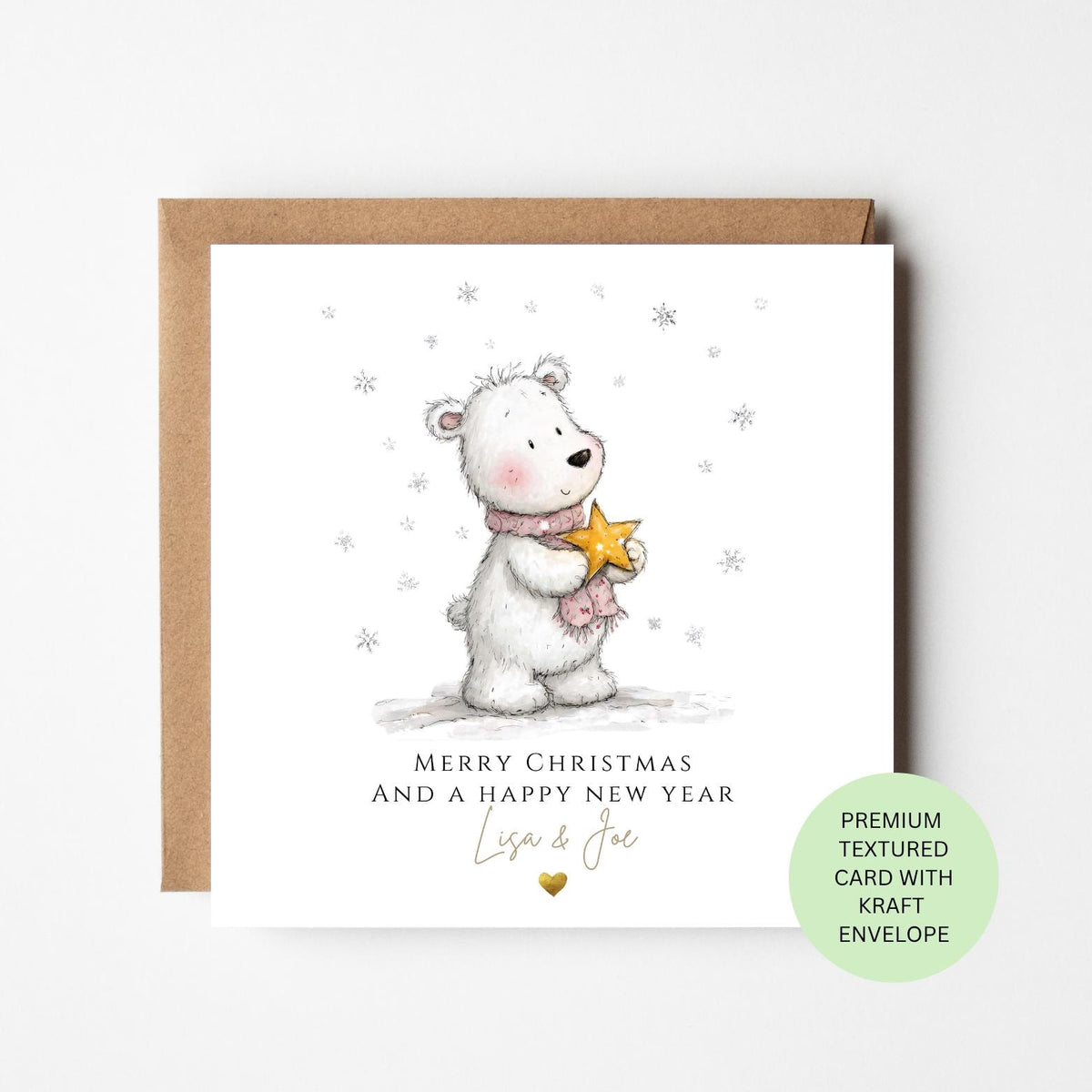 Personalised Little Polar Bear Holding a Star Christmas Card