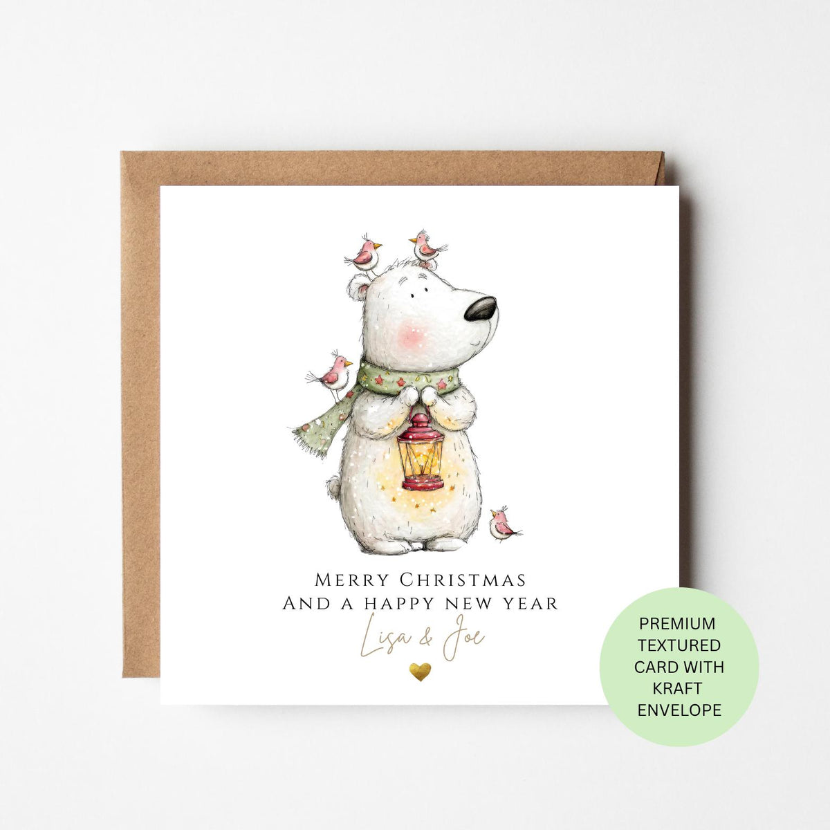 Personalised Polar Bear with Birds and a Lantern Christmas Card