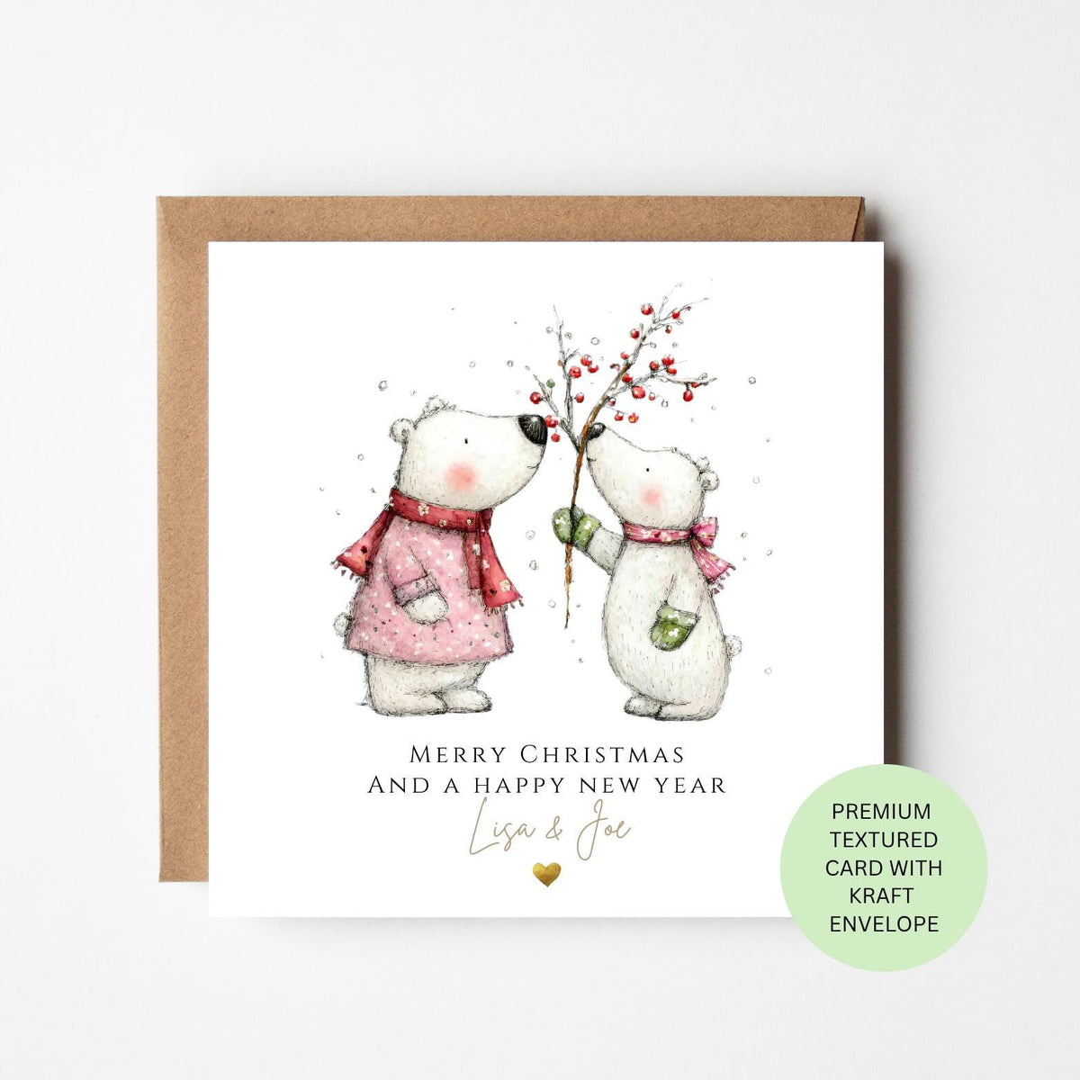 Personalised Two Polar Bears Under Winter Berries Christmas Card