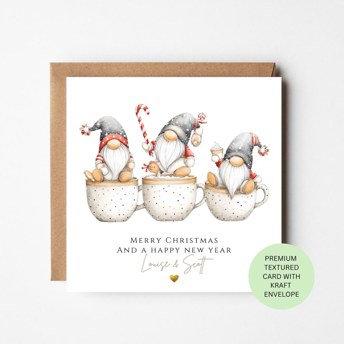 Personalised Christmas Gnomes in Hot Chocolate Cups Card