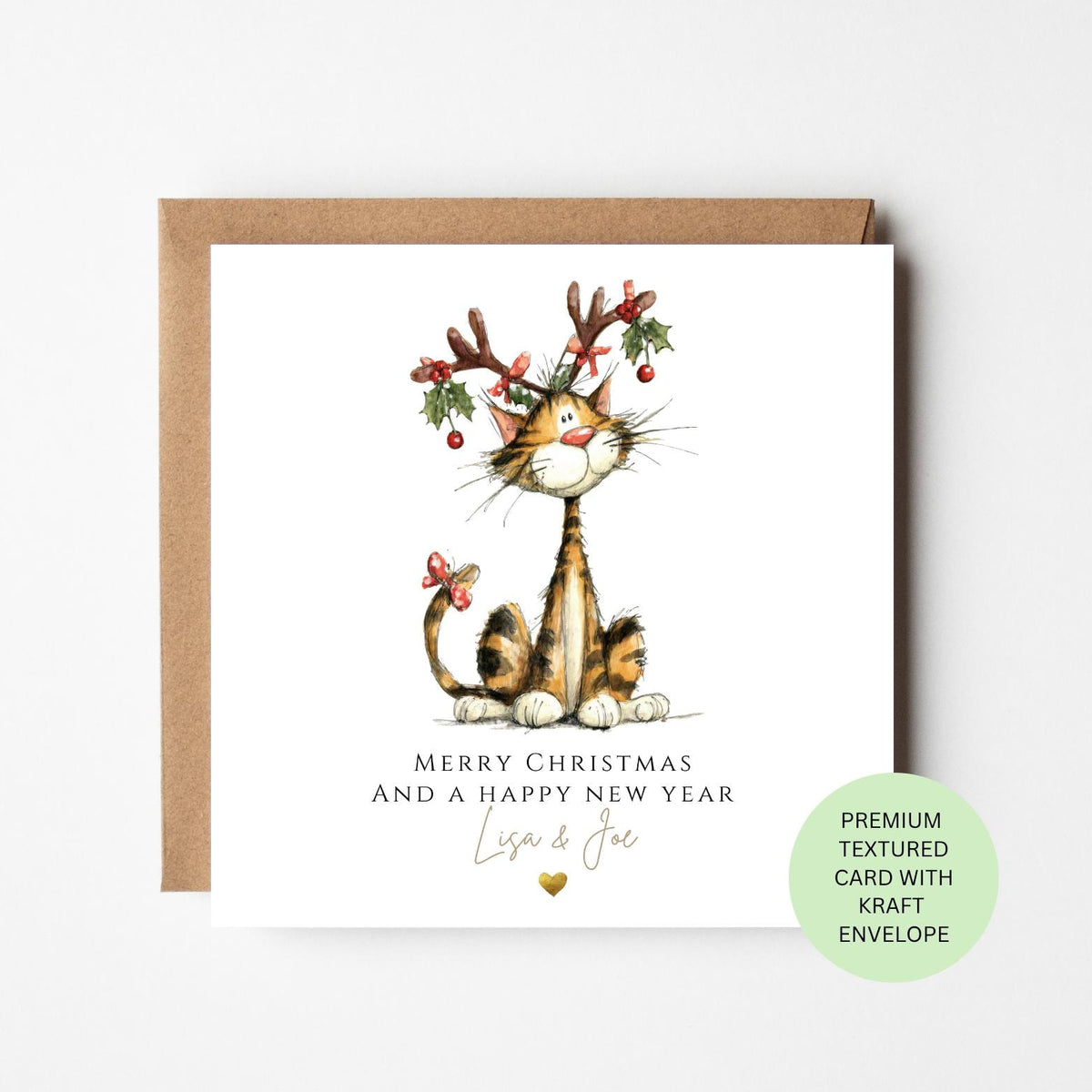 Personalised Stripy Cat with Reindeer Antlers Christmas Card