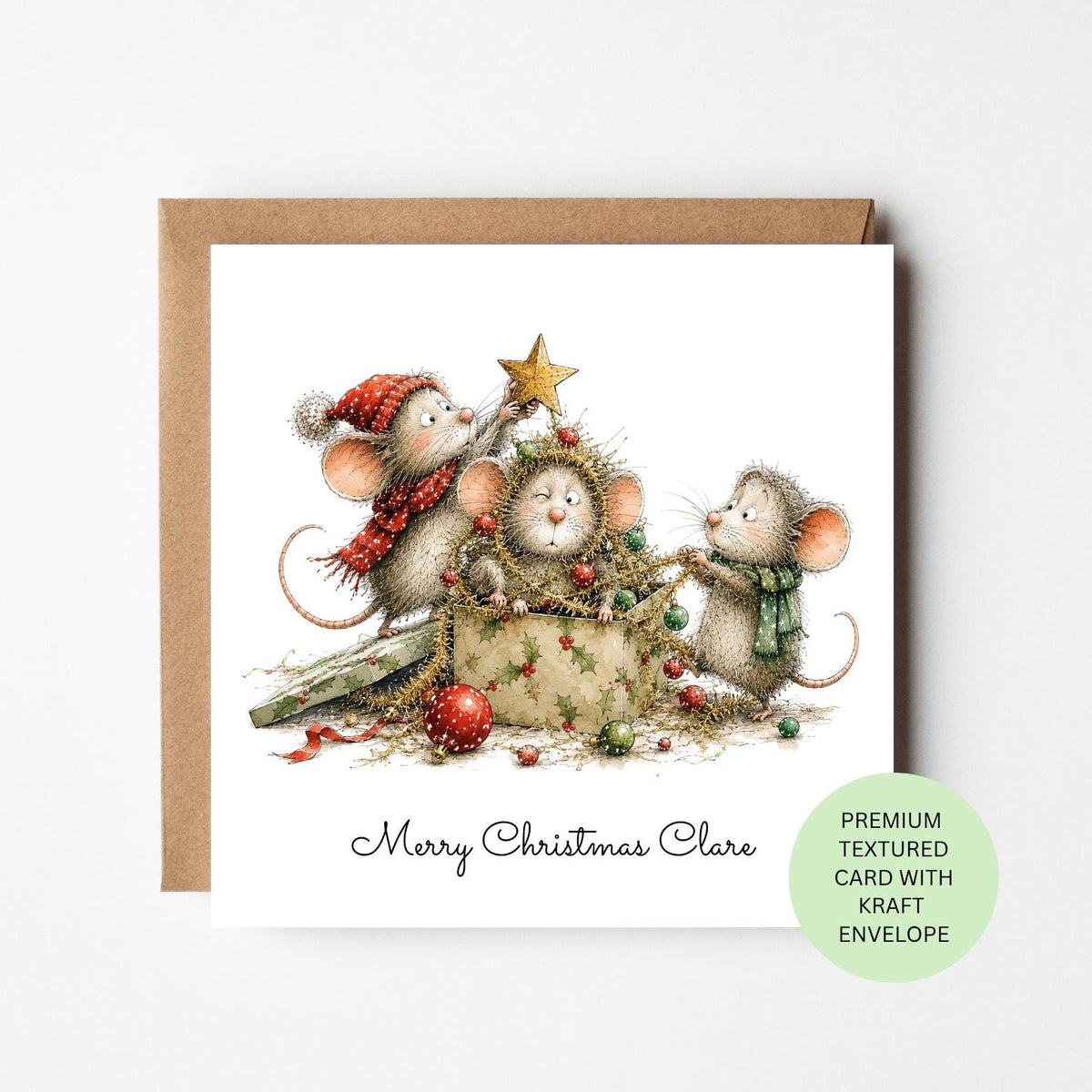 Personalised Mice Decorating a Christmas Tree Card