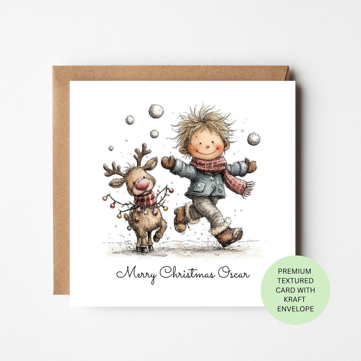 Personalised Boy Playing with a Christmas Reindeer Card