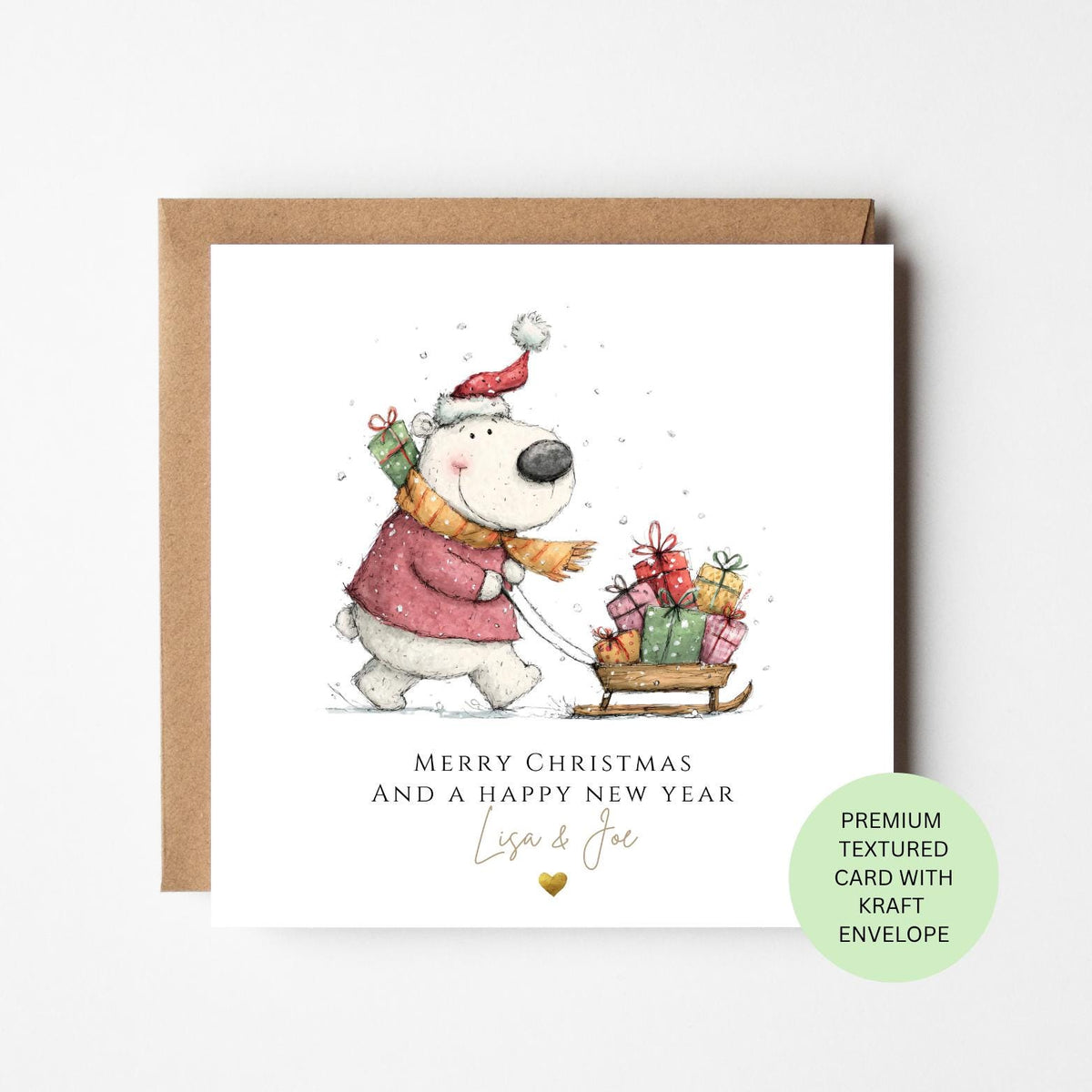 Personalised Polar Bear Pulling a Sleigh of Presents Christmas Card