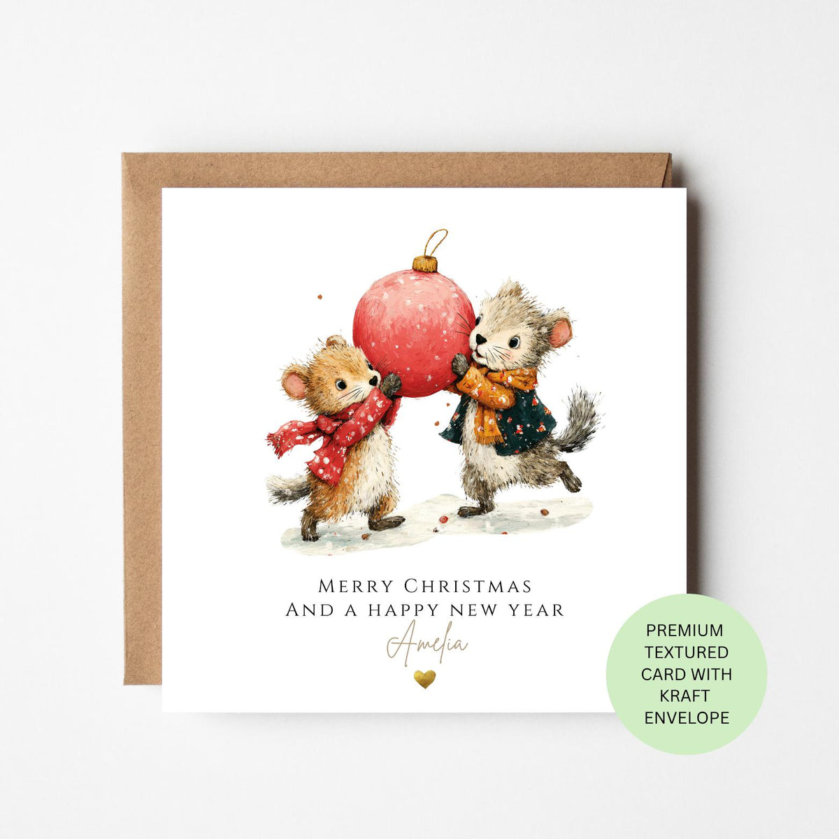 Personalised Mice Carrying a Giant Red Bauble Christmas Card for Children