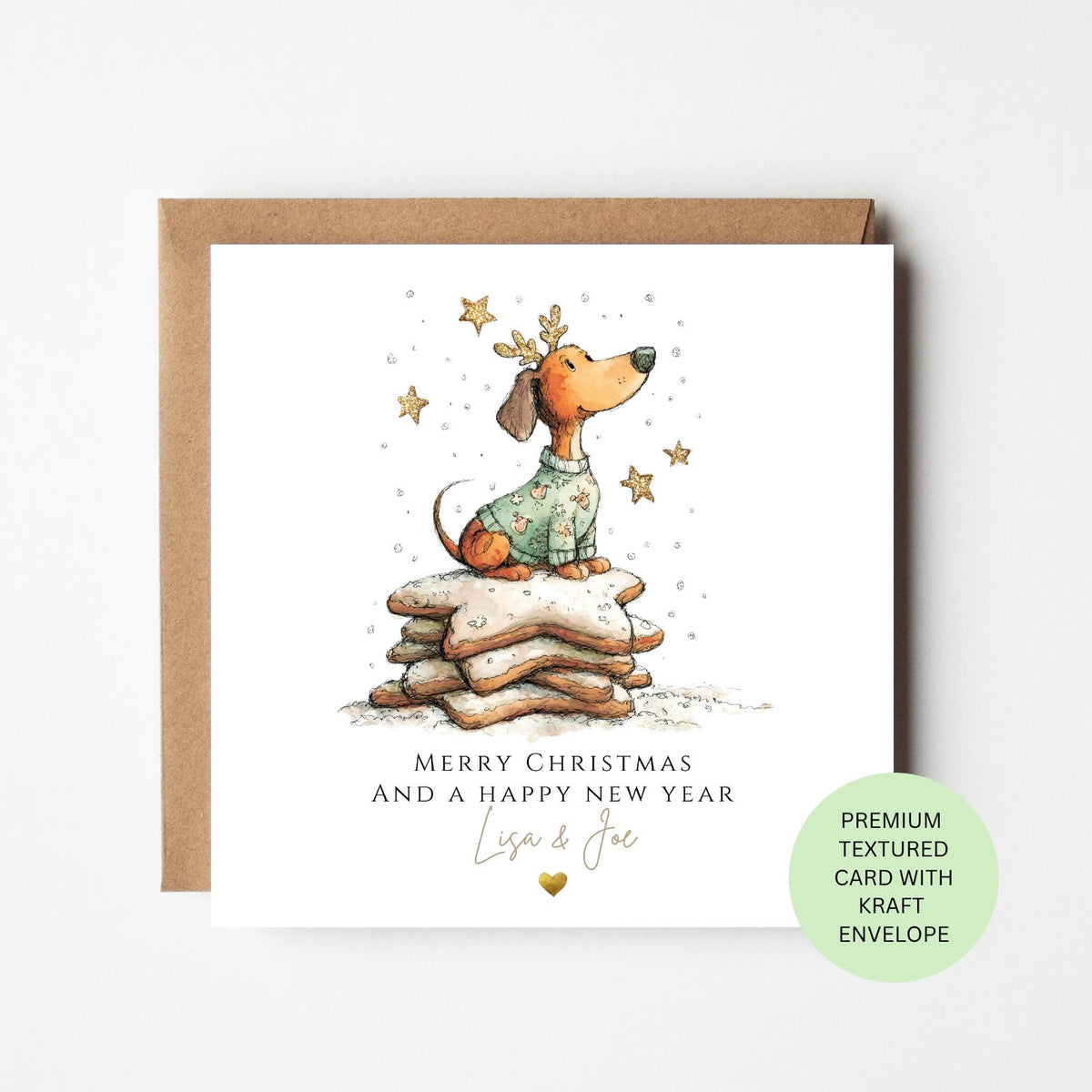 Personalised Dachshund on a Stack of Christmas Biscuits Card