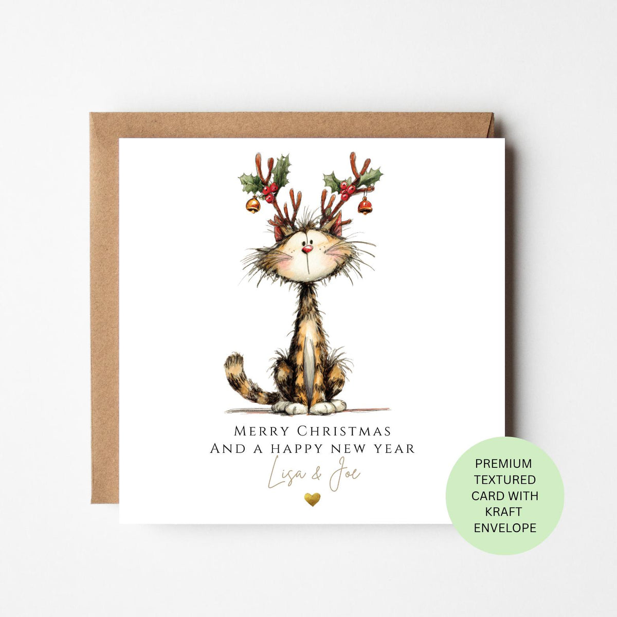 Personalised Tabby Cat Wearing Reindeer Antlers Christmas Card