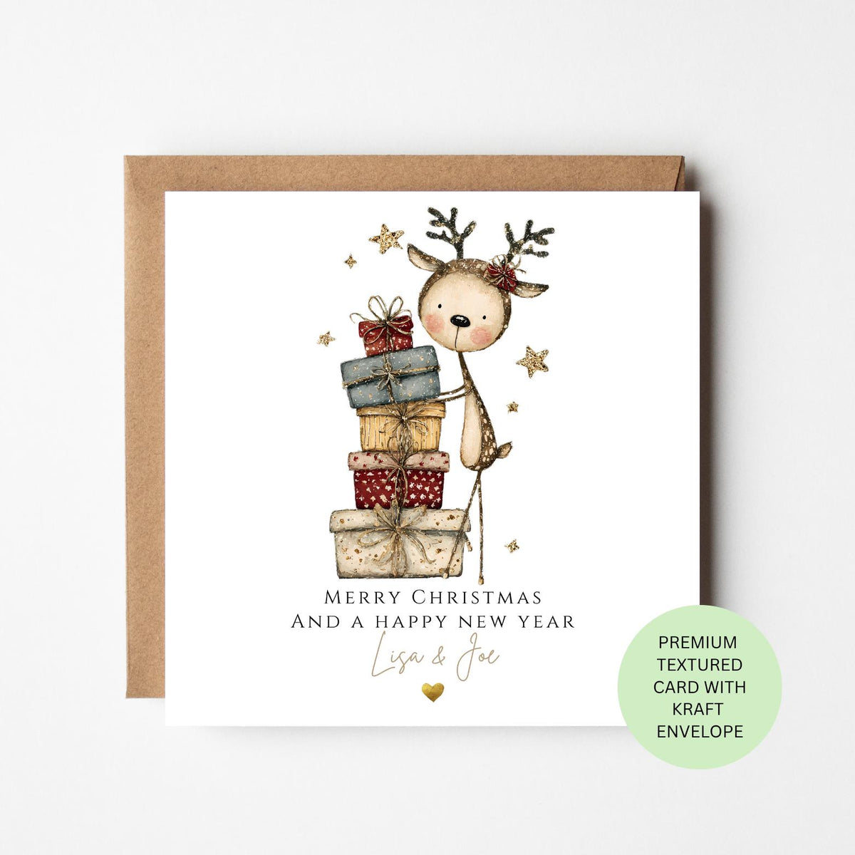Personalised Reindeer Carrying Christmas Presents Card