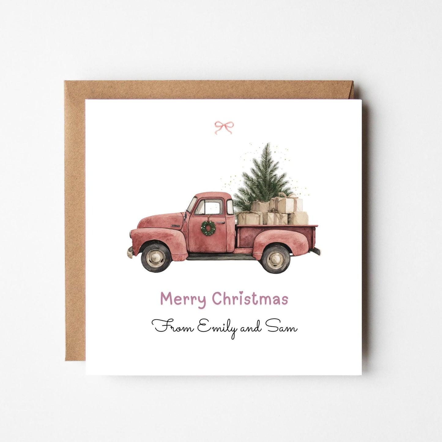 Personalised Rustic Christmas Card: Red Truck with Tree
