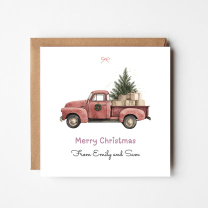 Personalised Rustic Christmas Card: Red Truck with Tree