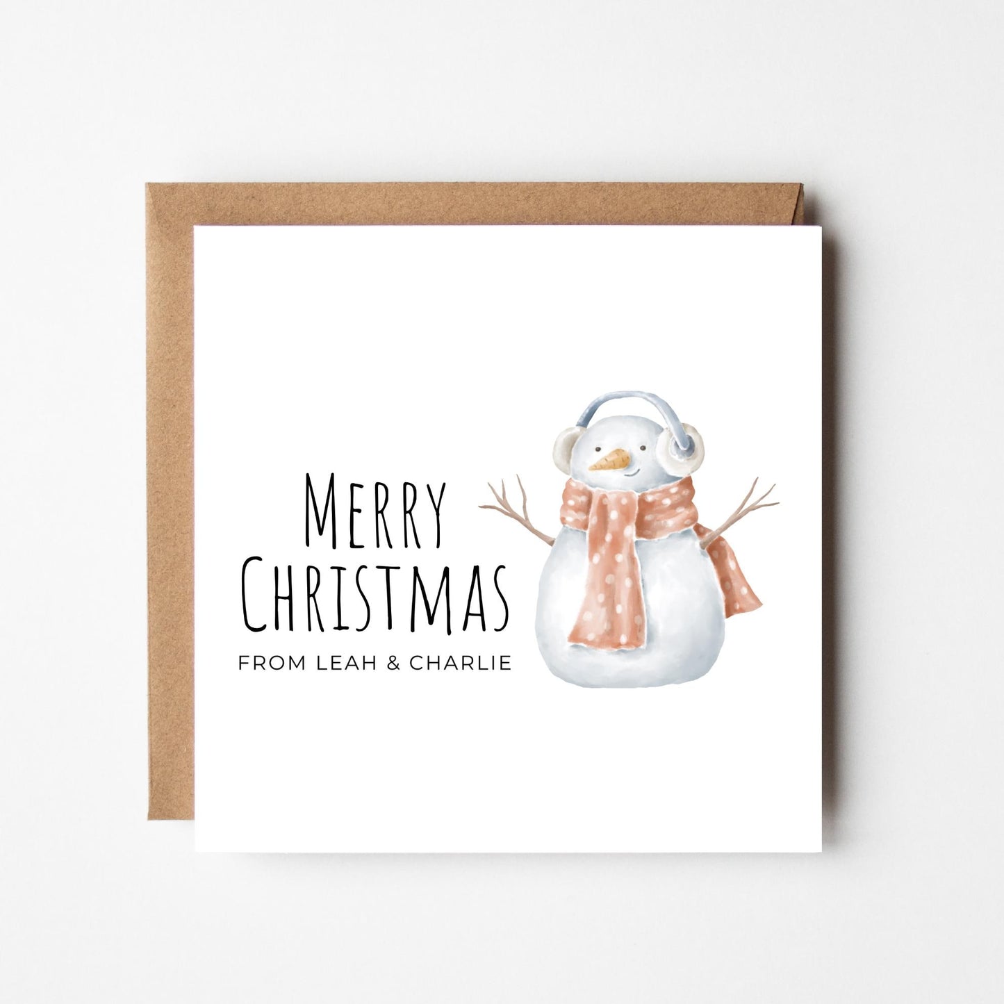 Personalised Snowman Christmas Card: Watercolour Illustration, Kraft Envelope