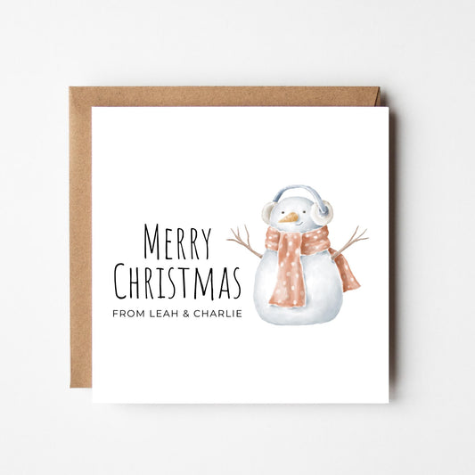 Personalised Snowman Christmas Card: Watercolour Illustration, Kraft Envelope