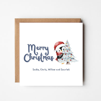 Personalised Watercolor Penguin Christmas Card: Family Name Holiday Card