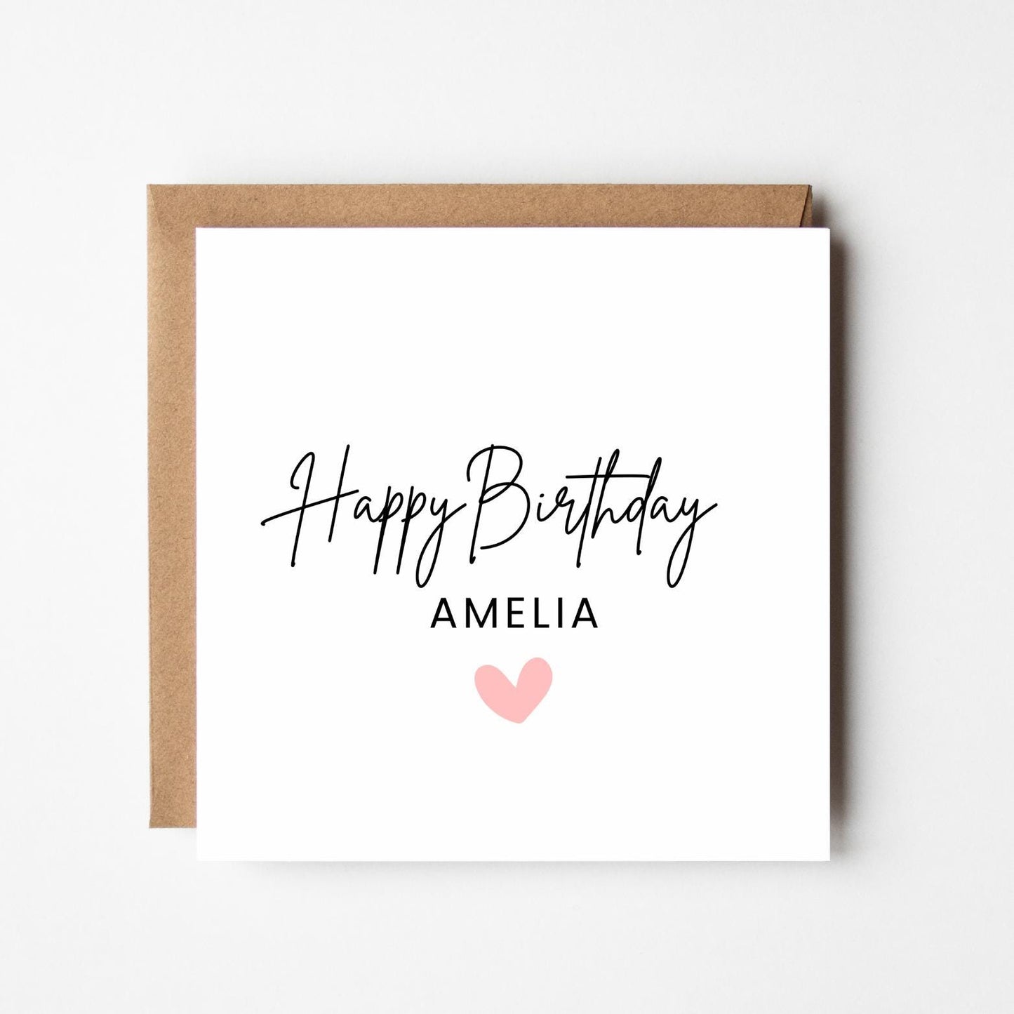 Personalised Minimalist Heart Birthday Card: Custom Name, Kraft Envelope