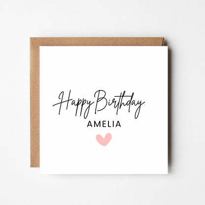 Personalised Minimalist Heart Birthday Card: Custom Name, Kraft Envelope