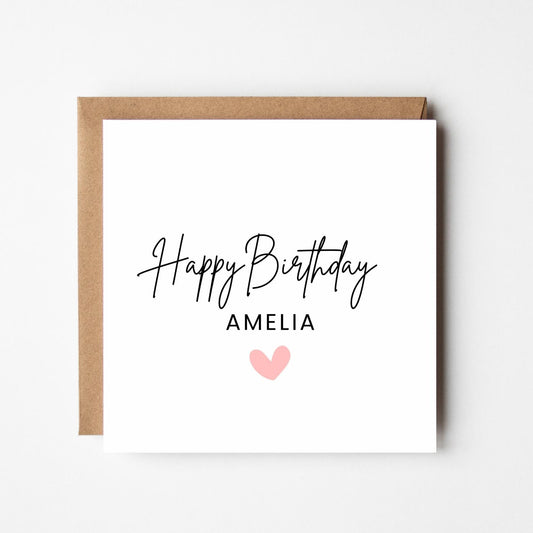 Personalised Minimalist Heart Birthday Card: Custom Name, Kraft Envelope