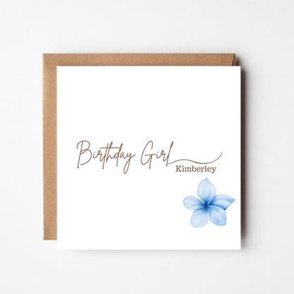 Personalised Birthday Girl Card: Blue Flower Handmade Greeting Card