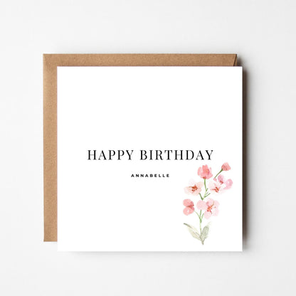 Personalised Floral Birthday Card: Elegant Watercolour, Custom Name