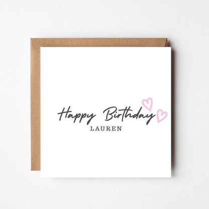Personalised Birthday Card: Pink Hearts, Handmade Greeting Card