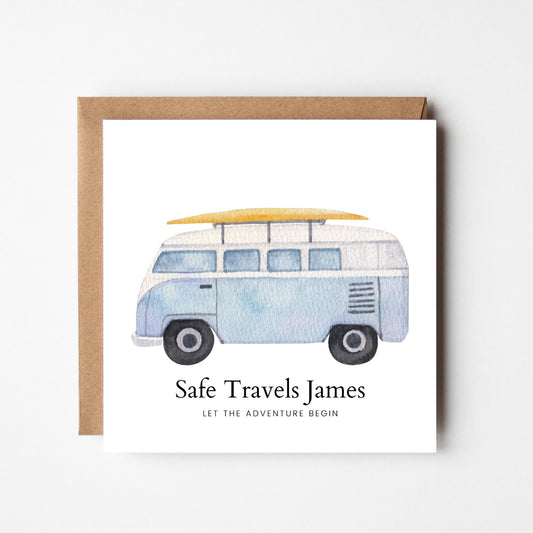 Safe Travels Card – Personalised Camper Van Bon Voyage & Adventure Send-Off Card