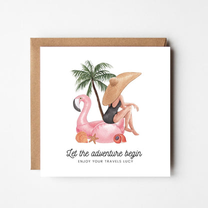 Personalised Bon Voyage Card: Tropical Flamingo, Safe Travels