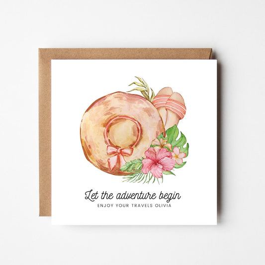 Personalised Bon Voyage Card: Tropical Beach Watercolor, Safe Travels Gift