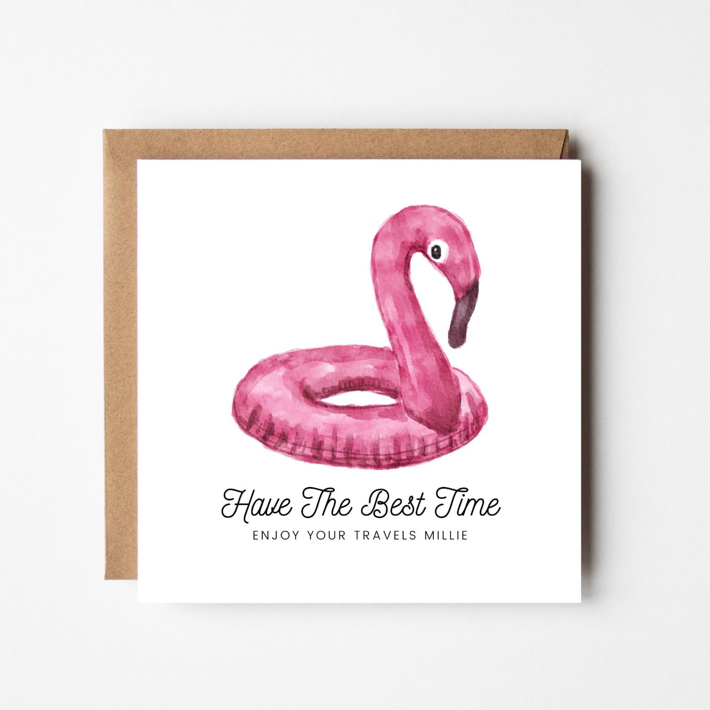 Personalised Bon Voyage Card – Pink Flamingo Float Design, Safe Travels, Holiday Send-Off, Farewell Gift