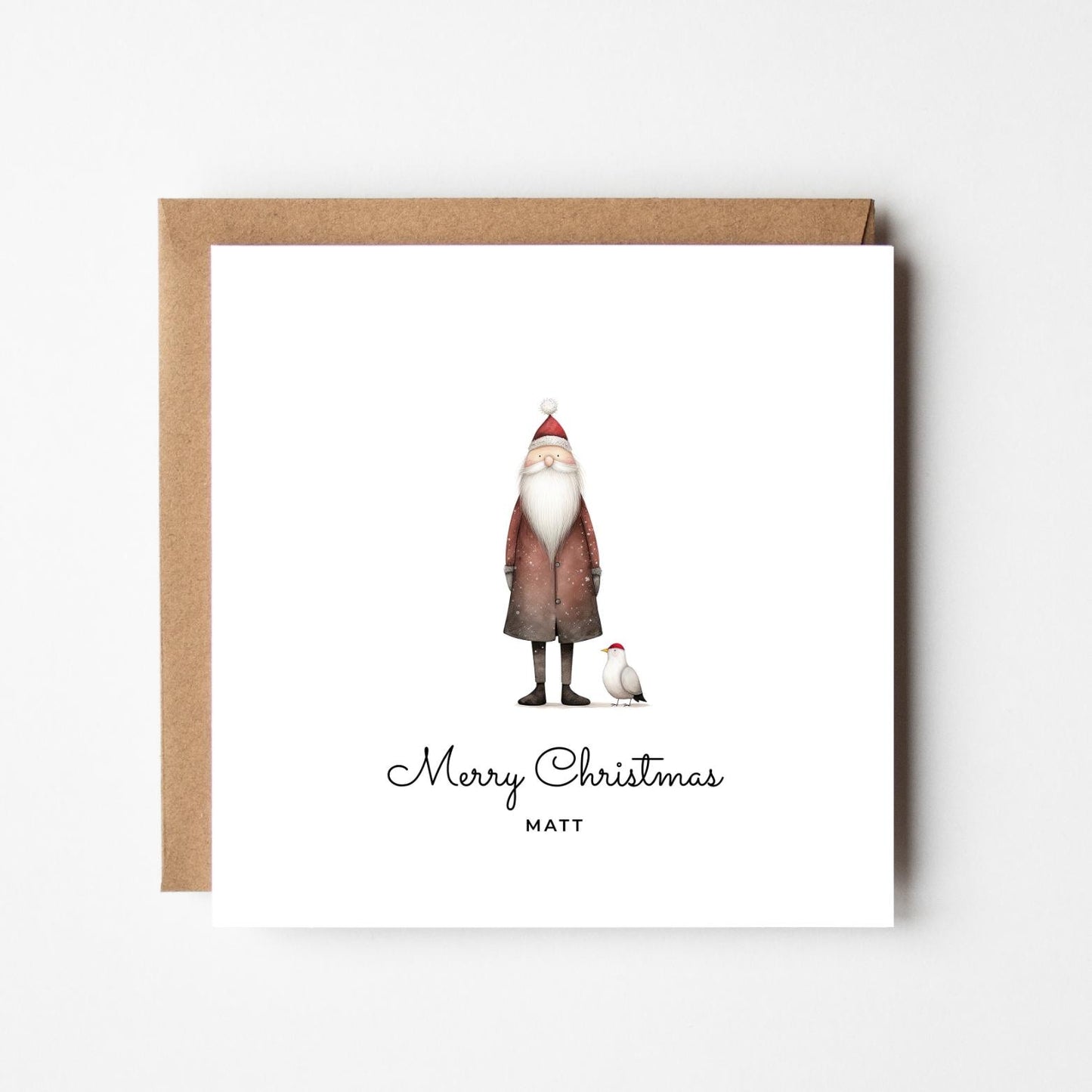 Personalised Santa Christmas Card – Cute Santa with Robin Illustration – Custom Name Festive Holiday Greeting Card – Merry Christmas Card