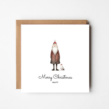Personalised Santa Christmas Card – Cute Santa with Robin Illustration – Custom Name Festive Holiday Greeting Card – Merry Christmas Card