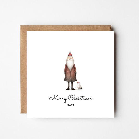 Personalised Santa Christmas Card – Cute Santa with Robin Illustration – Custom Name Festive Holiday Greeting Card – Merry Christmas Card