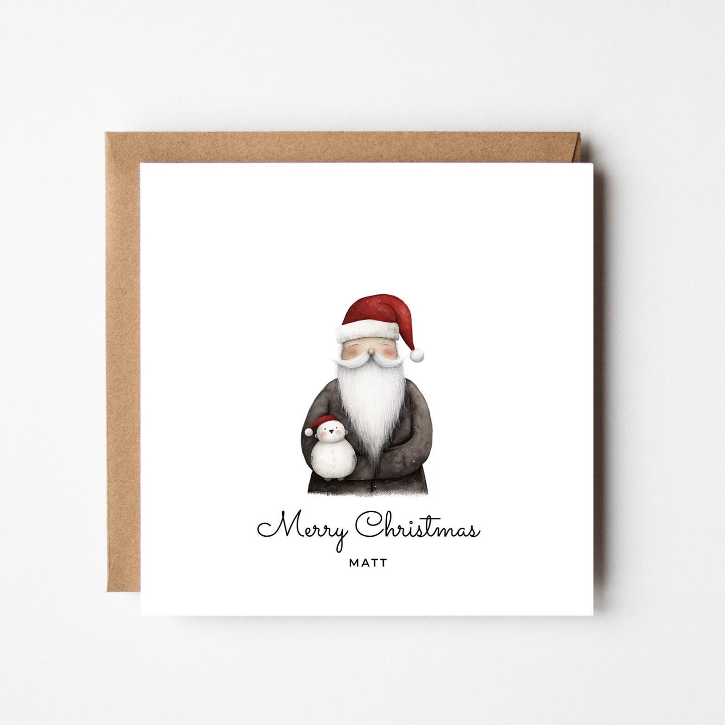 Personalised Santa Christmas Card – Cute Santa Holding Snowman – Custom Name Festive Holiday Greeting Card – Merry Christmas Card