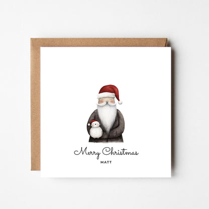 Personalised Santa Christmas Card – Cute Santa Holding Snowman – Custom Name Festive Holiday Greeting Card – Merry Christmas Card