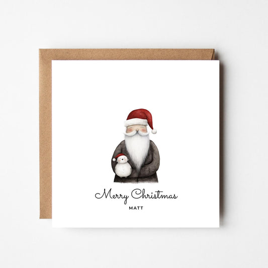 Personalised Santa Christmas Card – Cute Santa Holding Snowman – Custom Name Festive Holiday Greeting Card – Merry Christmas Card