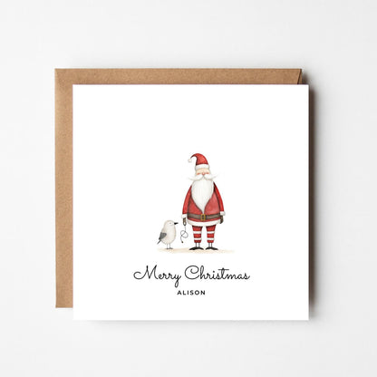 Personalised Santa Christmas Card – Cute Santa with Bird Illustration – Custom Name Festive Holiday Greeting Card – Merry Christmas Card