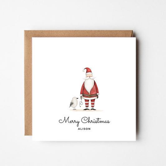 Personalised Santa Christmas Card – Cute Santa with Bird Illustration – Custom Name Festive Holiday Greeting Card – Merry Christmas Card
