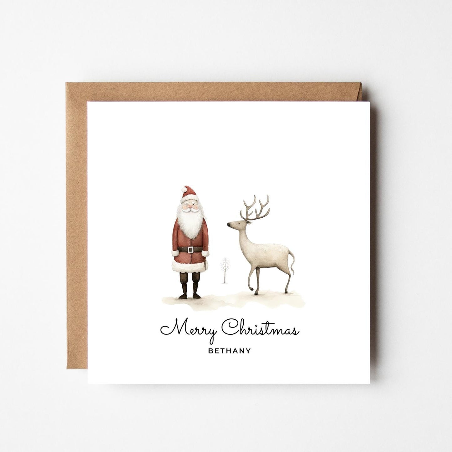 Personalised Santa Christmas Card: Reindeer Illustration, Custom Holiday Greeting