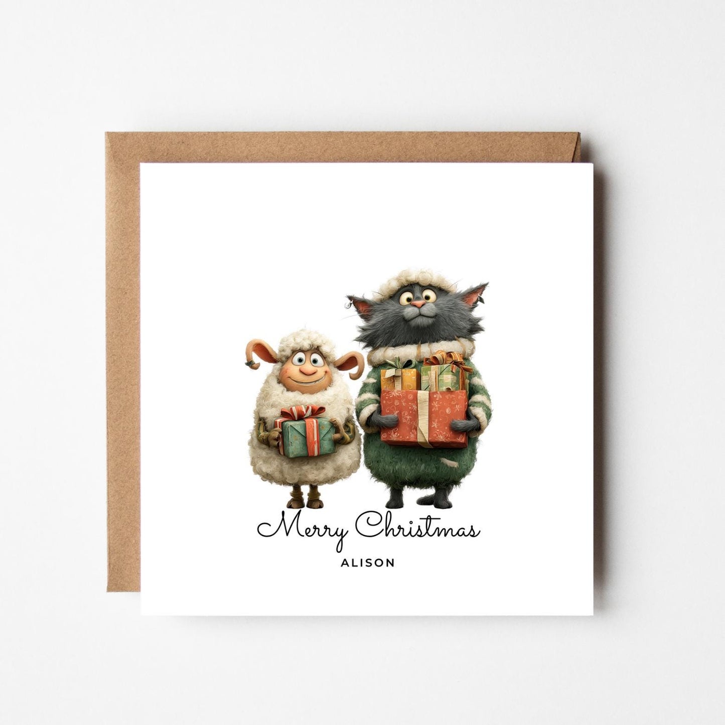 Personalised Christmas Card – Cute Cat & Sheep with Presents – Custom Name Holiday Greeting – Funny Handmade Xmas Card