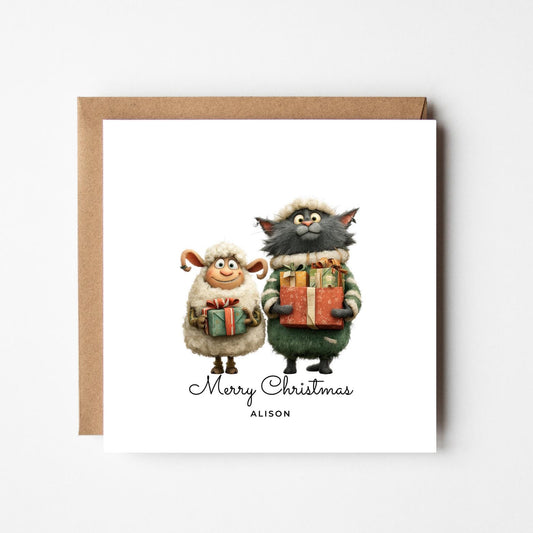 Personalized Funny Cat & Sheep Christmas Card: Handmade Holiday Greeting