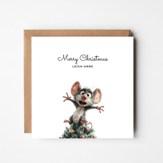 Funny Mouse Personalised Christmas Card – Custom Name Holiday Greeting – Cute Animal on Christmas Tree – Handmade Festive Xmas Card