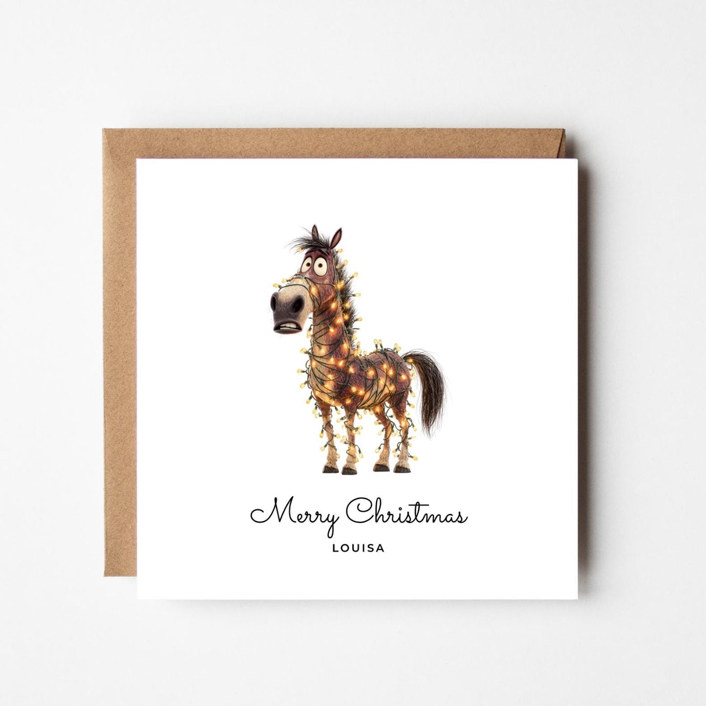 Funny Horse Personalised Christmas Card – Custom Name Holiday Greeting – Cute Animal Wrapped in Lights – Handmade Festive Xmas Card